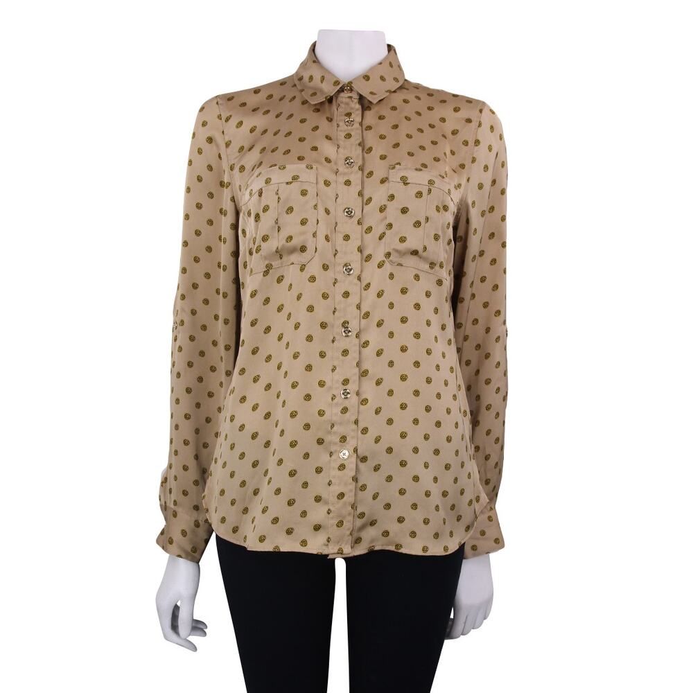 Michael Kors Vintage Toffee Tan/Gold Coin Monogram Logo Blouse Rare Size 10 ✨☕️
